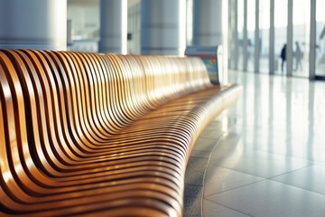 Modern curved wooden bench at the airport. Modern interior close-up.