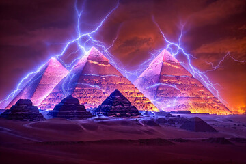 Ancient Egyptian pyramids as power generator, night, purple, artist impression, conspiracy theory, sci fi, electromagnetic storm, aliens - obrazy, fototapety, plakaty