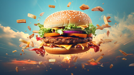 Big Fast-Food Tasty Restaurant Burger - Hamburger - obrazy, fototapety, plakaty