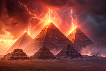 Ancient Egyptian pyramids as power generator, artist impression, conspiracy theory, sci fi, electromagnetic storm, aliens