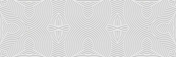 Banner, tribal cover design. Relief elegant geometric 3D pattern on a white background. Linear art, ethnicity of the East, Asia, India, Mexico, Aztec, Peru.