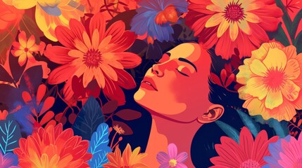 Illustration of a woman among flowers, reflecting a change in her life generative ai