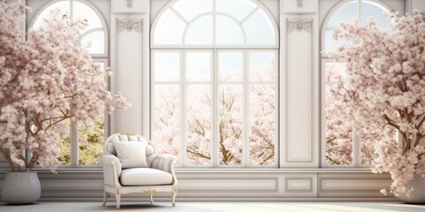 Classical interior room with large window and spring flowers adorned with white leather...