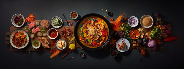 Korean food and cuisine. Top view. Panoramic view. Asian traditional dishes and spices