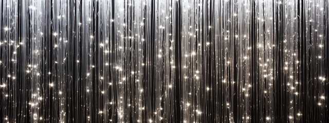 Abstract background with silver garland. Tinsel and small bulb lights hanging on wall
