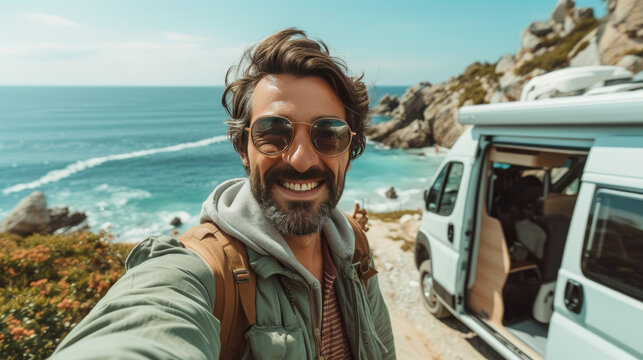 tourist man taking selfie picture outside a modern camper van with ocean and beach in background
