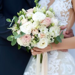 Close-up of a bride and groom holding a bouquet of light rose and white flowers, capturing the essence of love and purity in a wedding celebration.