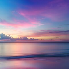 Naklejka na ściany i meble Tranquil tropical beach panorama capturing the serene beauty of the sea meeting the colorful sky at sunset.