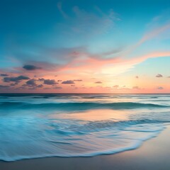 Tranquil tropical beach panorama capturing the serene beauty of the sea meeting the colorful sky at sunset.