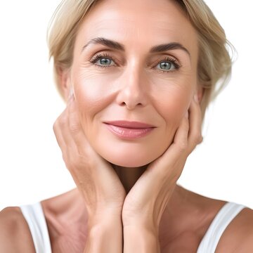 Close-up portrait of a stunning 50s mature woman with glowing skin, highlighting skincare beauty and cosmetics concept.