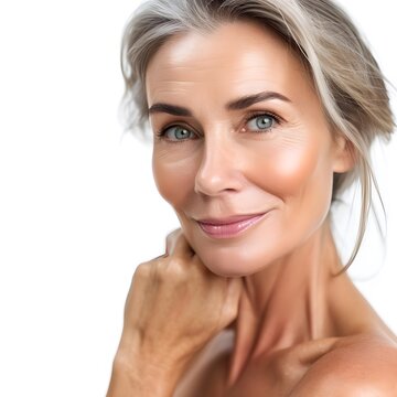 Close-up portrait of a stunning 50s mature woman with glowing skin, highlighting skincare beauty and cosmetics concept.
