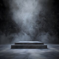Mysterious dark podium stage with smoky environment and dramatic lighting, highlighting an empty table. Abstract setting for product display or artistic showcase. - obrazy, fototapety, plakaty