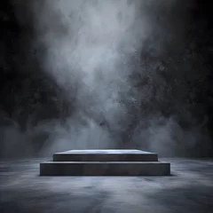 Fotobehang Mysterious dark podium stage with smoky environment and dramatic lighting, highlighting an empty table. Abstract setting for product display or artistic showcase. © Hasanul