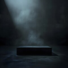 Mysterious dark podium stage with smoky environment and dramatic lighting, highlighting an empty table. Abstract setting for product display or artistic showcase. - obrazy, fototapety, plakaty