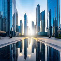 Futuristic smart city skyline with modern skyscrapers in a financial district, reflecting against a blue sky with warm sunlight, ideal for corporate and business templates.