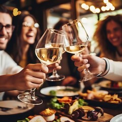 Young friends enjoying a cheerful moment at a restaurant pub, raising wine glasses during happy hour with appetizers.