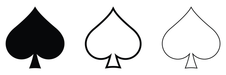 Flat style illustration of Poker playing card suit of Spades black symbol isolated. Vector icon set. Poker, card game, casino symbol.