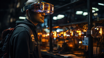Obraz premium Future virtual reality technology for innovative VR warehouse management. Concept of smart technology for industrial revolution and automated logistic control