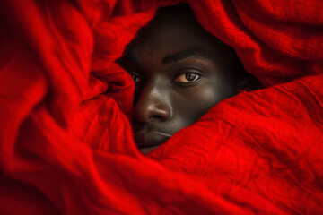 Black man on red blanket, abstract background, close up.