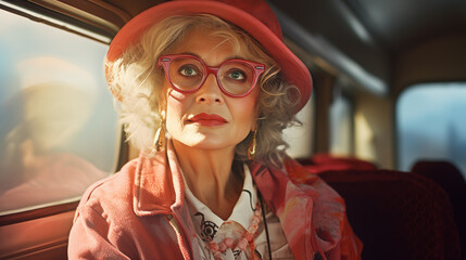 Old woman travel by bus. Granny in fashionable clothes and glasses sit at public autobus facing camera. Close up view.