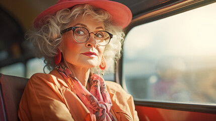 Old woman travel by bus. Granny in fashionable clothes, hat and glasses sit at public autobus lighted by sun from window. Close up view. - obrazy, fototapety, plakaty