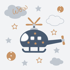 helicopter stars and clouds on a gray background in vector  illustration wow sky aviation funny