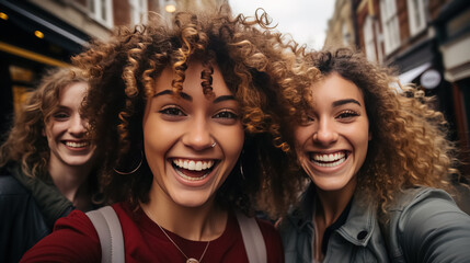best friends taking selfie walking on city street - Happy young people having fun enjoying day out - obrazy, fototapety, plakaty