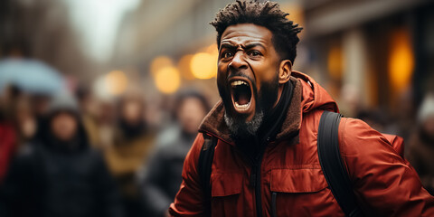 Black African American man activist angry shouting for his cause among people demonstration protester