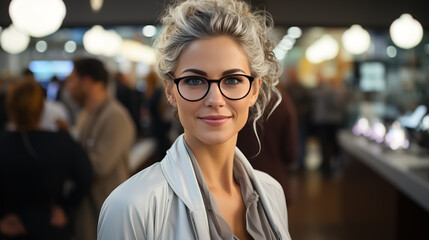 Beautiful young woman scientist wearing white coat and glasses in modern Medical Science Laboratory