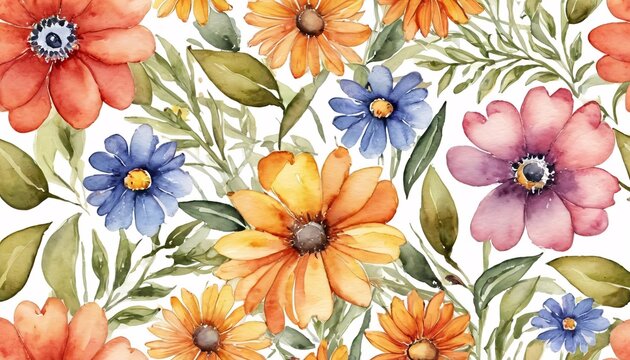 Watercolor painting of various flowers and plants
