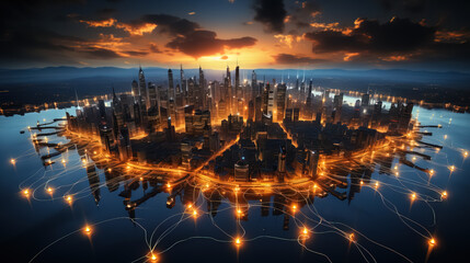 Fototapeta premium Active world trade, world market. Global electronics market, shining world map