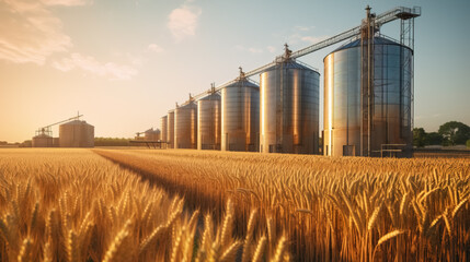 Silos in a barley field. Storage of agricultural production