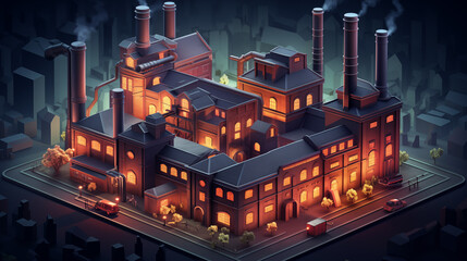 Isometric 3d view of street with old factory at night. Building of the end of 19th beggining od 20th centuries. Digital Illustration. - obrazy, fototapety, plakaty