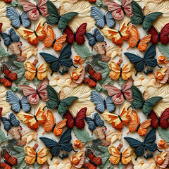 3D Fabrics embroidered seamless patterns of butterflys and flower, pastel color tones. Can be used for fabric printing, scrapbooking, crafts, diy.NO.01