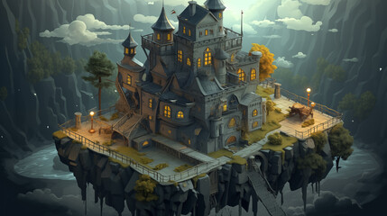 Flying above the sky fortress. Fantastic stone castle among the clouds in front of mountains landscape far below. Isometric view.