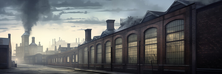 Panoramic view of street with old factory. Town of the end of 19th beggining od 20th centuries. Black smoke of pipes of manufactures at horizon.
 - obrazy, fototapety, plakaty