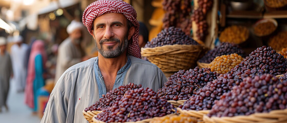 a man in a turban stands in front of a market with baskets of grapes
