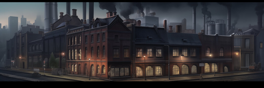 Panoramic view of street with old factory at evening. Town of the end of 19th beggining od 20th centuries. Black smoke of pipes of manufactures at horizon.