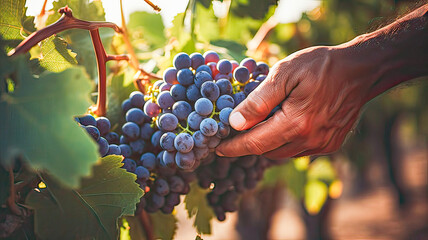 Wrinkled hands gather grape clusters, sunny vineyard. - obrazy, fototapety, plakaty