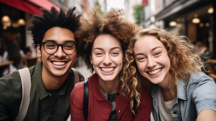 Obraz premium best friends taking selfie walking on city street - Happy young people having fun enjoying day out