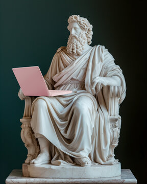 Antique Greece era marble statue Zeus thunder god sitting and browsing modern pink colour laptop comic image. Modern technology connected with antique ages and art items funny concept.