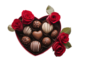 Heart shaped box of chocolates with red roses, png file of isolated cutout on transparent background