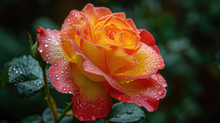 Red-yellow rose (Rosa sp.) petals with dew drops

