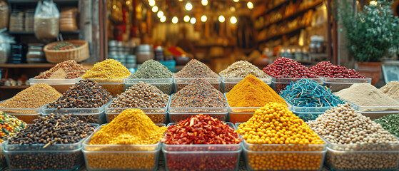 a display of various types of spices and nuts in containers - obrazy, fototapety, plakaty