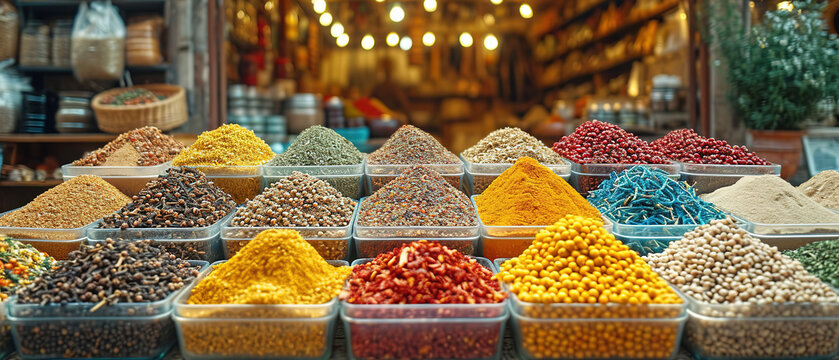 a display of various types of spices and nuts in containers