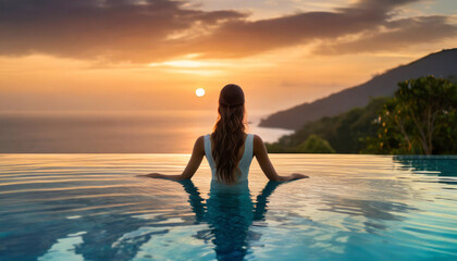 Serene silhouette of a long-haired woman, back exposed, gracefully floating in an infinity pool, embodying tranquility and leisure - obrazy, fototapety, plakaty