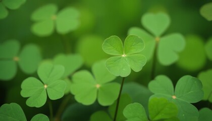 Fototapeta na wymiar Four leaf clover bringing good luck on a green blurred background. St.Patrick 's Day
