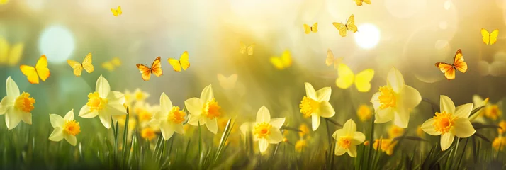 Rolgordijnen A field of Daffodils with butterflies on a bright sunny day © FATHOM
