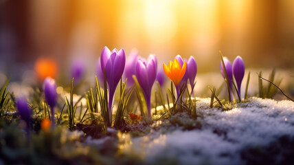 Crocus flowers emerge from the snow in early spring