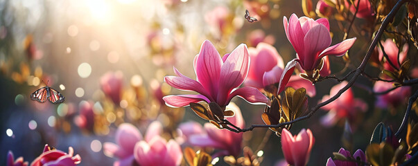 Pink magnolia flowers with butterflies in a meadow